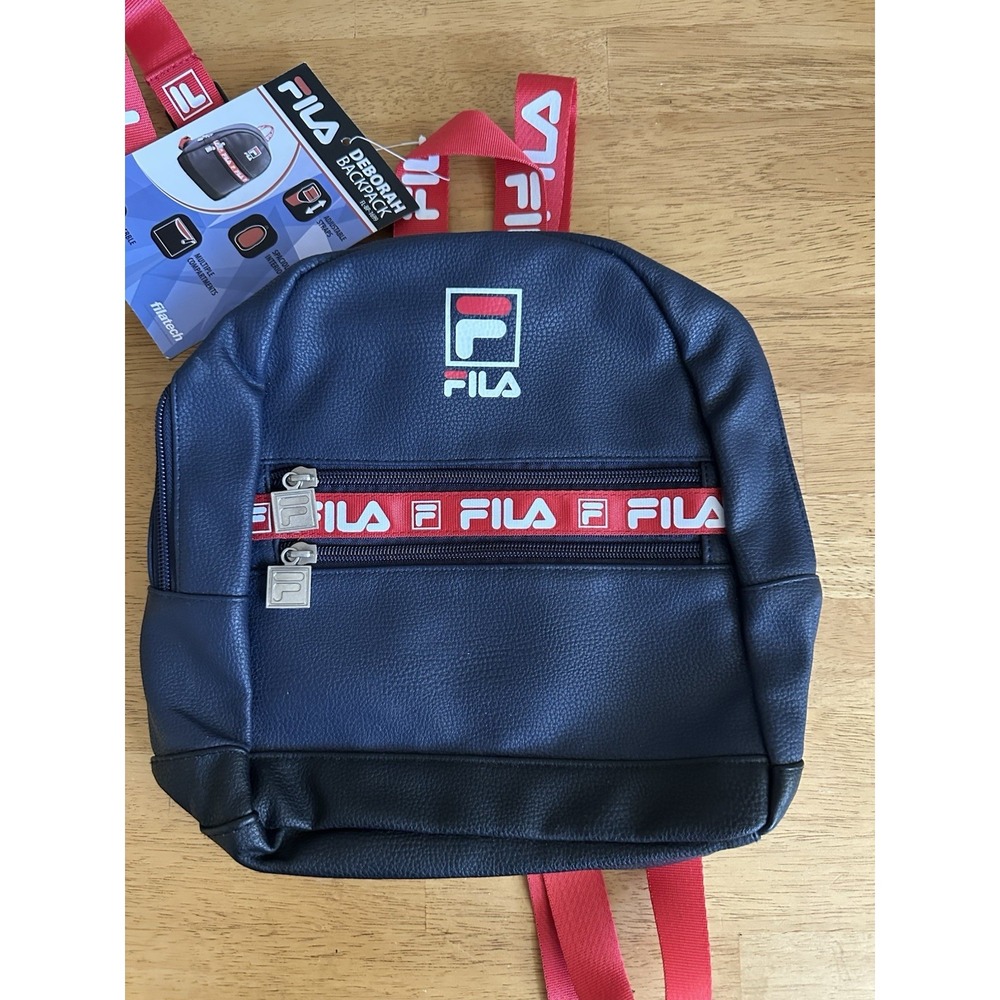 FILA Mini Backpack Purse Faux Leather 3 Compartments Navy Blue Red & White